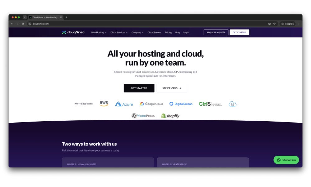 Cloud Ninza web hosting and cloud services home page